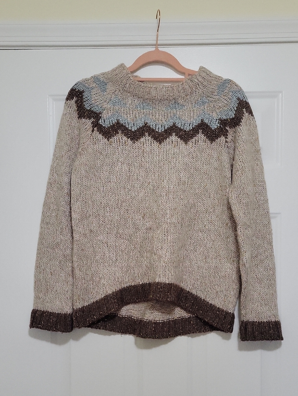 Cozy Neutral Fair Isle Knit Sweater, Cream and Brown, With Flecks of Gold Thread